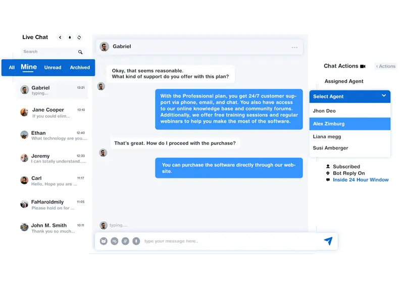 WhatsChat.io team manager dashboard for managing chat support agents